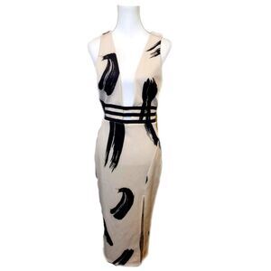 ASOS deep plunge sleeveless bodycon dress, cream & black, US size 8